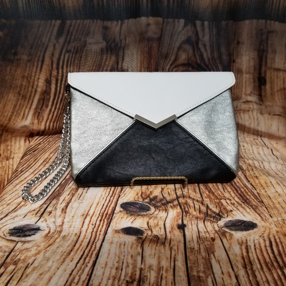 Express Black White Silver Envelope Clutch Chain Wristlet Small